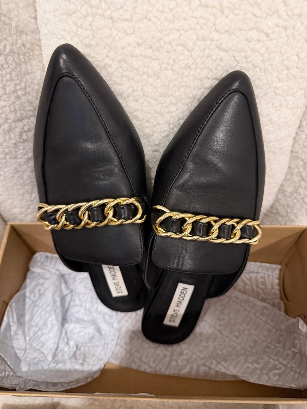 Steve Madden Black Leather Pointed Slip-On Mules with Gold Chain